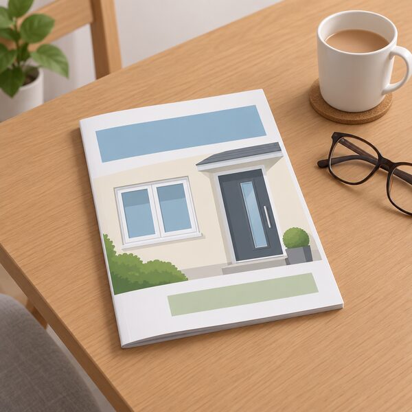 A printed homeowner sales brochure for windows and doors lying closed on a domestic table, its cover showing a simple colour illustration of a house window and door with blank blocks instead of any words, beside it a mug and a pair of reading glasses.