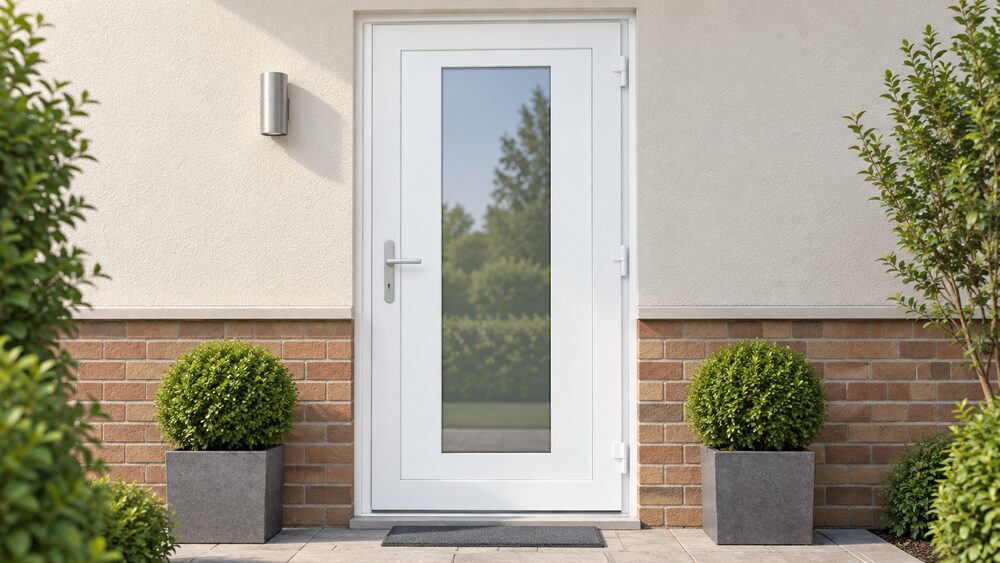 A white uPVC front entrance door with a flush-glazed panel, shown close up and centrally, set in its multi-chambered frame on a house frontage in daylight.