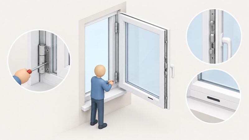 A simplified figure adjusts the screw of the bottom hinge on an open uPVC casement window, with the espagnolette locking mechanism visible along the frame edge and a drainage slot at the bottom of the frame.