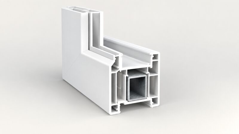 A cut-away cross-section of a white uPVC window frame showing the hollow multi-chambered profile with a steel reinforcement section inside the main chamber, drawn as a technical illustration with no glazing unit or hardware visible.