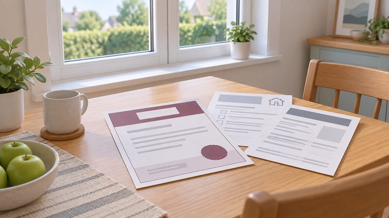 A FENSA certificate and accompanying installer paperwork laid out on a domestic table, shown as physical printed sheets with blank lines and plain blocks instead of readable content, beside a window frame so the documents are clearly tied to a completed replacement window installation.