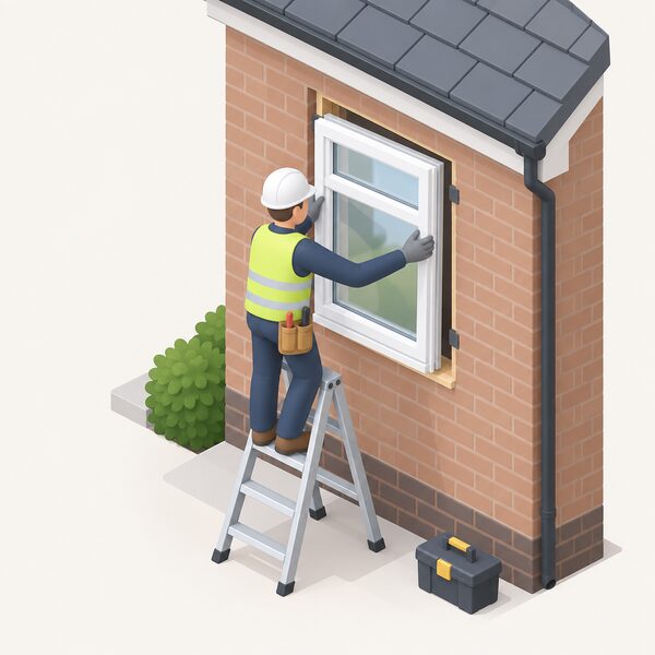A registered installer fitting a replacement window into an outside wall opening of a house, working from a ladder or platform with the new framed window partly set into the opening, showing the installation whose completion produces a certificate automatically.