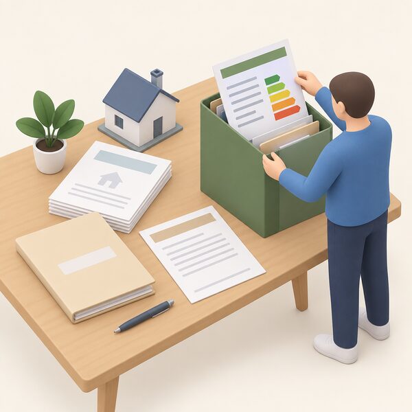 A paper certificate lying on a table among a householder's property documents, shown as a physical sheet with blank lines and plain colour bands, beside a folder of house papers, with a simplified figure filing it away.