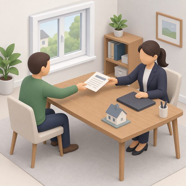 A homeowner handing a paper certificate across a table to the buyer's solicitor during a property sale, with the solicitor receiving it and a house's replacement window visible in the background.