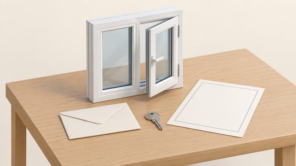 A small model of a double-glazed casement window with its frame stands on a table beside a blank certificate document, a sealed envelope and a house key, representing the paperwork a householder receives after replacing a window.