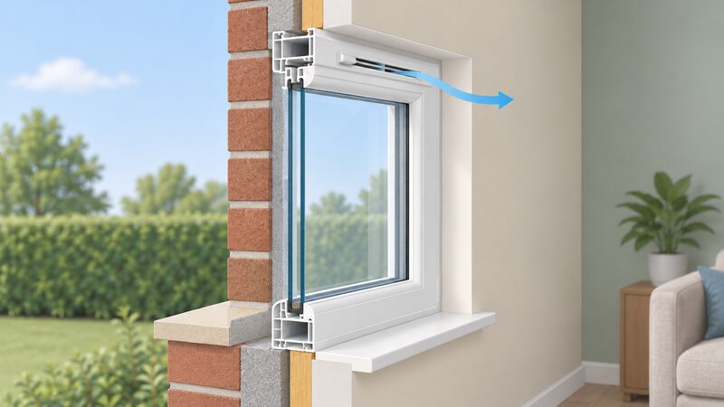 A cutaway cross-section of a replacement window in a wall, showing the outer frame, the sealed double-glazed unit within it, and a trickle vent at the top of the frame with a small airflow arrow passing through it into the room.