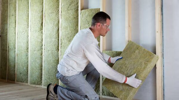 A worker in safety glasses and gloves fitting a Rockwool mineral wool insulation slab between timber studs on an internal wall