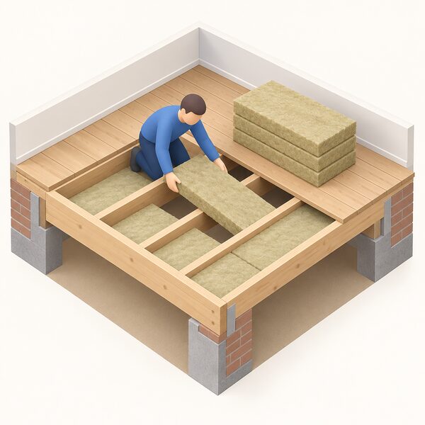 A cutaway view of a suspended timber floor with several stone wool slabs lifted out and stacked cleanly to one side, while a simplified isometric figure in plain clothing relays a dry, intact slab in good condition between the floor joists.