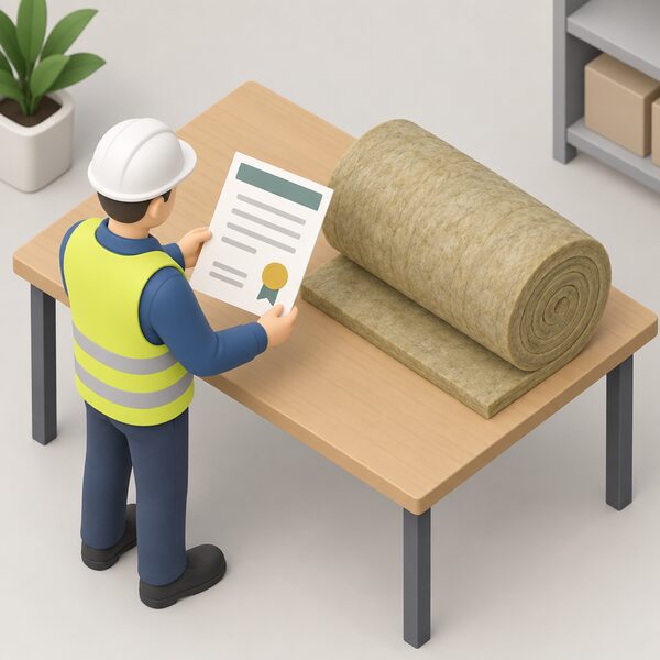 A paper certificate lying on a table beside a roll of stone wool insulation, its content shown only as blank lines, a plain seal-like emblem and colour bands, with a small isometric figure of a specifier holding the certificate and checking it against the product.