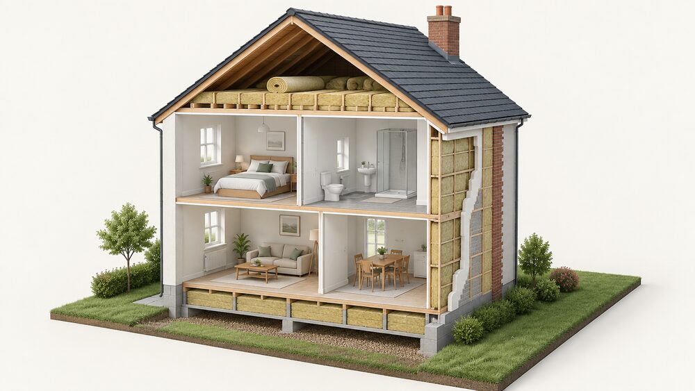 A cutaway house showing stone wool insulation in three places: yellow-brown mineral wool rolls laid between and over the loft floor joists, insulation slabs filling the internal wall build-up, and rigid slabs fitted under the ground floor, all within one simple building section.