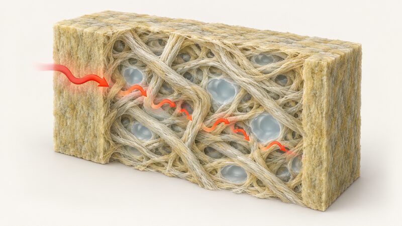 A magnified cutaway view of stone wool insulation showing tangled pale mineral fibres with small air pockets trapped between them, with a few red arrows indicating heat being slowed as it tries to pass through the trapped air.