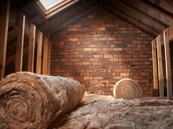 Rolls of mineral wool loft insulation laid out in an unfinished loft with brick gable wall and roof timbers