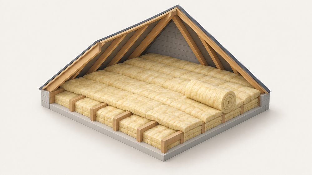 A loft space in daylight where a thick layer of quilt insulation lies between the ceiling joists with a second cross layer rolled over the top at right angles, covering the joists completely, with one partially unrolled roll showing the depth of the build-up.