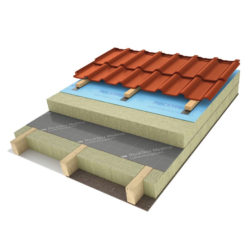 A 3D cutaway diagram of a pitched roof showing Kingspan insulation boards between and under rafters beneath roof tiles
