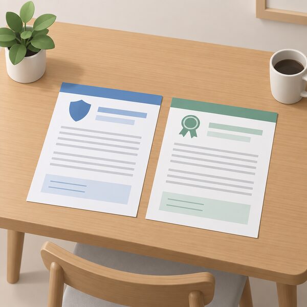 Two paper documents lying side by side on a household table: an installer's workmanship guarantee certificate and a manufacturer's product warranty document, both shown as physical sheets with blank lines and plain colour bands instead of readable content.