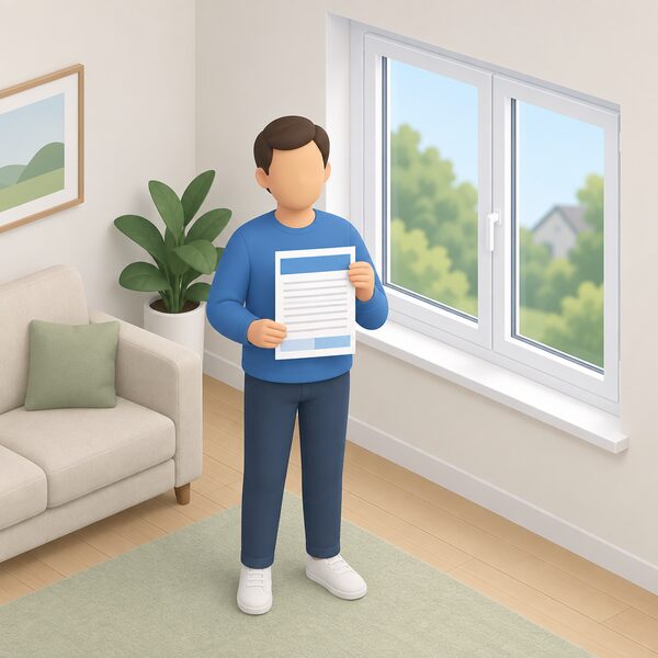 A householder standing indoors by a replacement window, holding an insurance-backed guarantee policy document shown as a folded paper with blank lines and plain colour bands, no readable text.
