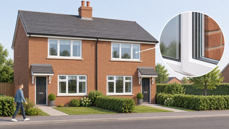 A brick semi-detached house front elevation with a row of white uPVC double-glazed casement windows, one shown in close-up with its glazing bead and sealed unit visible, no installer or branding present.