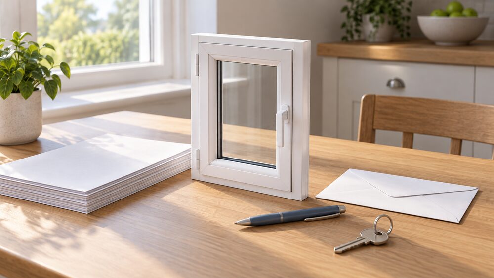 A small white uPVC double-glazed window model stands on a kitchen table beside a neat stack of blank paperwork, a sealed envelope, a pen and a house key, with daylight from a real window falling across the arrangement.