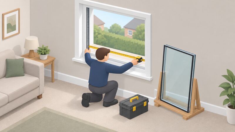 A glazier in plain work clothing kneels beside a uPVC window inside a home, holding a tape measure across the frame where the glass has been removed, with a replacement sealed unit on a stand nearby and a toolbox on the floor.