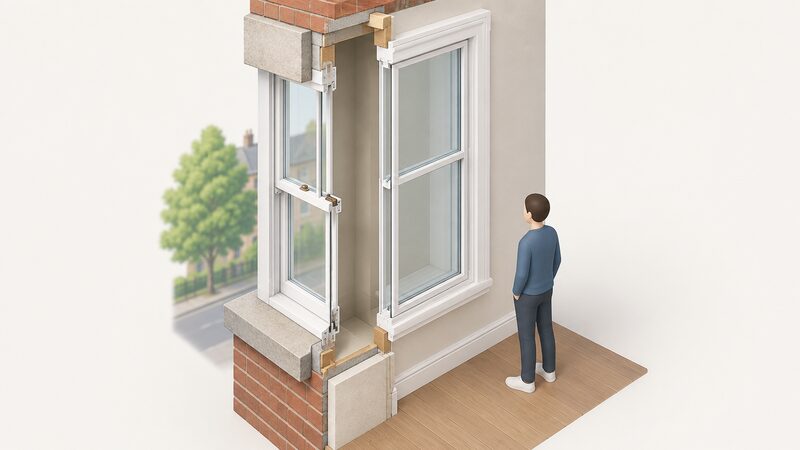 A cutaway isometric diagram of a traditional sash window in an external wall with the original single-glazed primary sash, a deep 150mm to 200mm air cavity and an inner secondary glazing unit with its own frame inside the room, a small simplified figure standing beside it for scale.