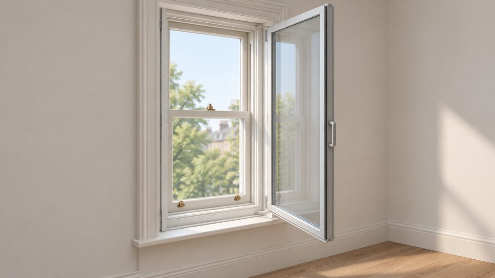A framed secondary glazing panel fitted inside the room-side reveal of an existing single-glazed sash window, the original window frame and its opening catch untouched behind it, with a deep air gap between the two panes and a small handle on the secondary unit.
