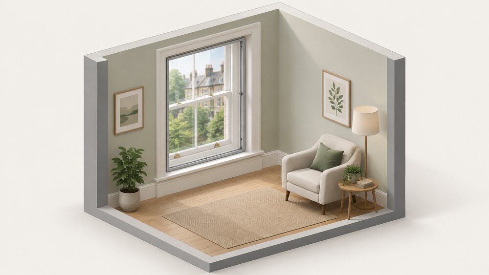 A slimline aluminium secondary glazing panel fitted inside the window reveal of a room, standing in front of an untouched original sash window, with a visible air gap between the two panes and the original window's opening mechanism still accessible.