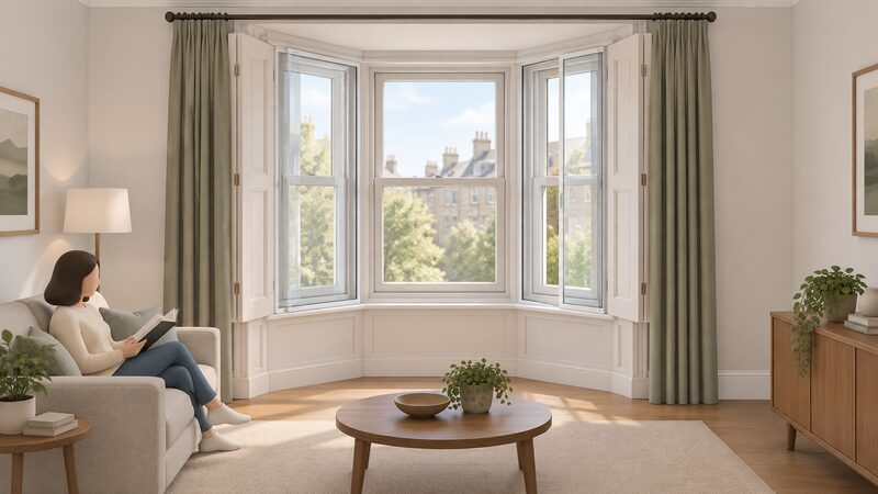 An interior view of a bay window where slim secondary glazing panels sit in the internal reveal behind the curtains, with the original shutters folded back and the primary window and its curtains untouched.