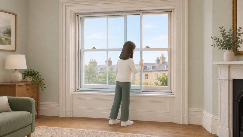 A slim horizontal sliding secondary glazing panel fitted on tracks inside the reveal of a timber sash window in a period room, one pane slid sideways to show the track, with a simplified figure sliding it open.