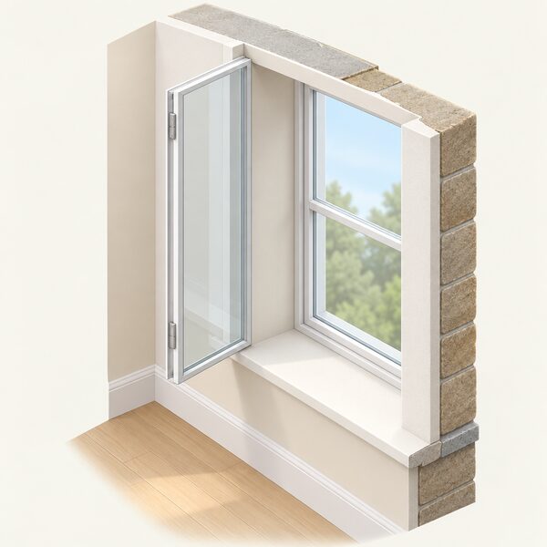 A cutaway isometric view of a window reveal with a slim secondary glazing panel fitted to the inner face of the reveal, its frame hinged open slightly, showing the deep air cavity between the secondary pane and the primary window set at the outer wall.