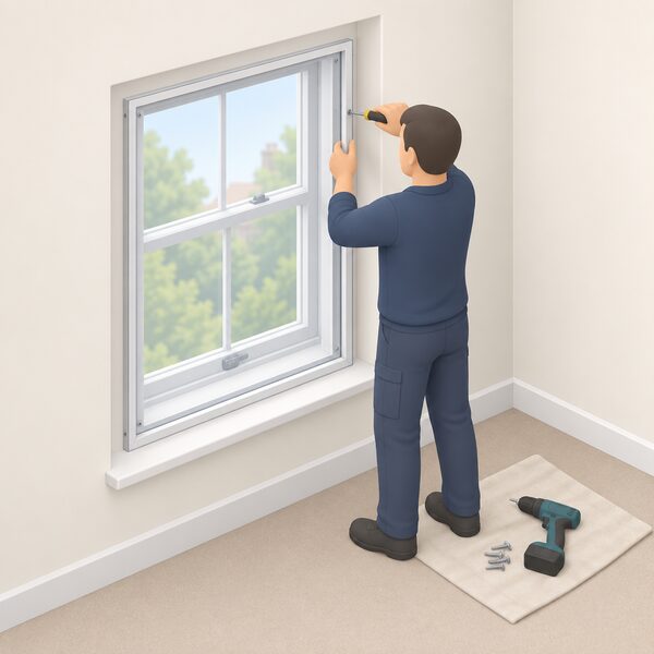 A fitter in plain work clothes uses a screwdriver to fix a slim secondary glazing frame into the reveal of an existing window inside a room, with a small drill and screws on a nearby cloth, the primary window and its sill still fully visible behind the new frame.