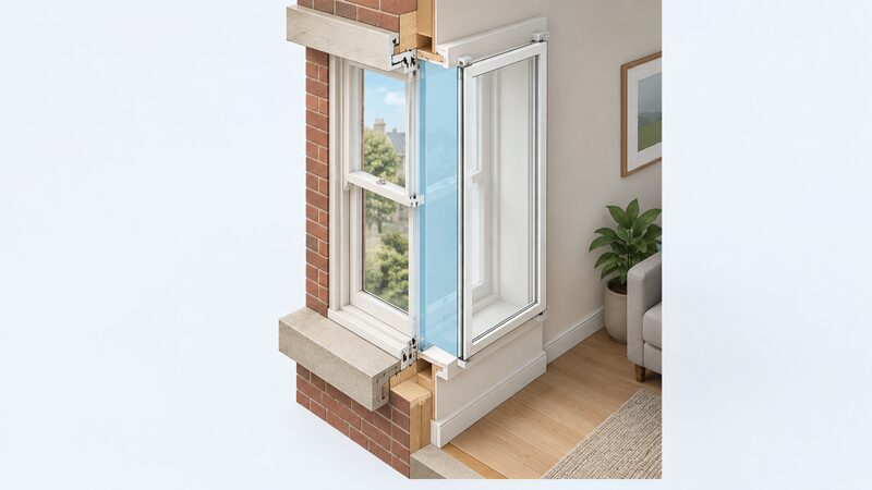 A cutaway cross-section of a wall showing an original single-glazed sash window in its frame, with a slim independently framed secondary glazing panel mounted on the internal reveal of the room side, and a plain colour band marking the trapped air gap between the two panes.