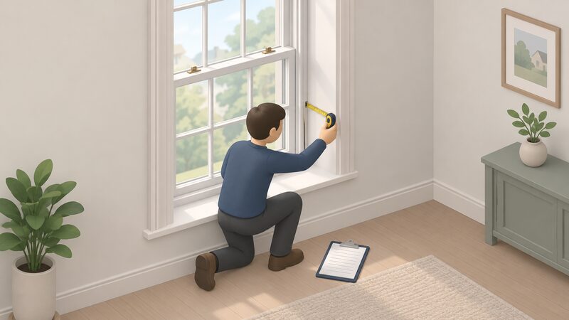 A surveyor with a tape measure kneels at an internal sash window, measuring the depth of the wall reveal beside the primary window opening, with a clipboard of blank survey notes resting nearby, ready to record the measurement before a secondary glazing frame is specified.
