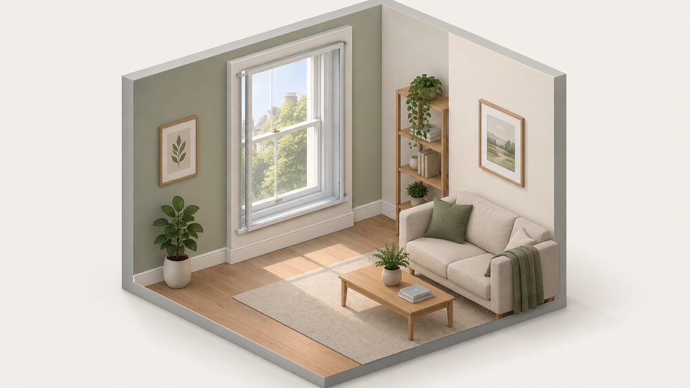 A slim secondary glazing panel with its own frame mounted on the internal reveal of an existing sash window, the original sash visible behind it with a clear air gap between the two panes, daylight coming through both layers into the room.