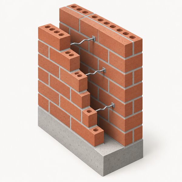 A cutaway brick cavity wall shown in isometric view, with the outer leaf of bricks removed to reveal the narrow empty air gap between the two brick leaves, crossed by metal wall ties, with no insulation material anywhere in the cavity.