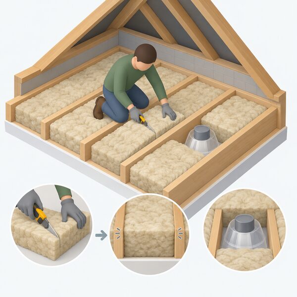 A DIY installer kneeling on a loft floor lays sheep's wool insulation batts between the ceiling joists, cutting one batt slightly wide to friction-fit with a hand knife, with a recessed downlight cover keeping the wool clear of a fitting.