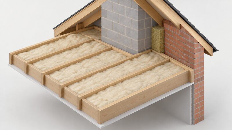 A cutaway isometric view of a loft floor showing pale wool batts laid between timber joists, with a dense mineral wool fire stop closing the junction where the party wall rises to meet the external wall.