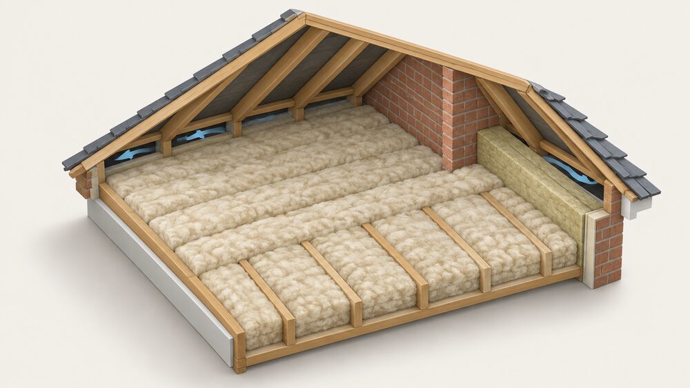 A cutaway loft floor of an older home showing thick sheep's wool batts friction-fitted between timber joists, with a denser mineral wool batt closing the gap where a brick separating wall meets the external wall, and clear ventilation paths left open at the eaves.