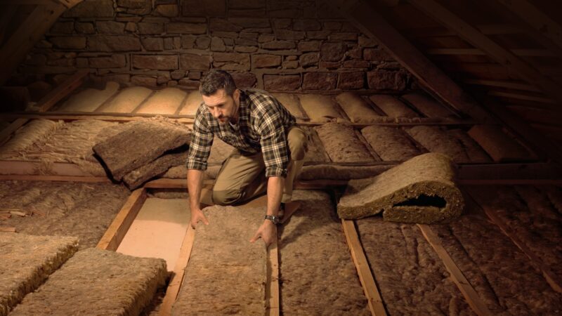 A man laying Thermafleece CosyWool wool loft insulation between joists in a loft