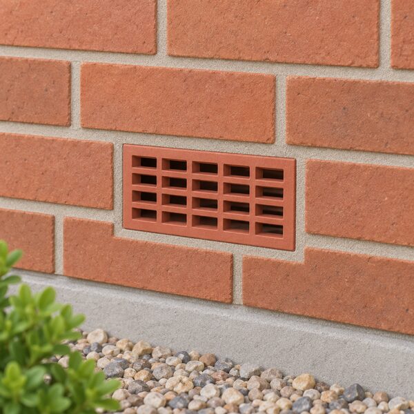 A close-up exterior view of a house wall with a single open air brick set in the brickwork, its grid of openings clear and unobstructed so outside air can pass through into the cavity behind.