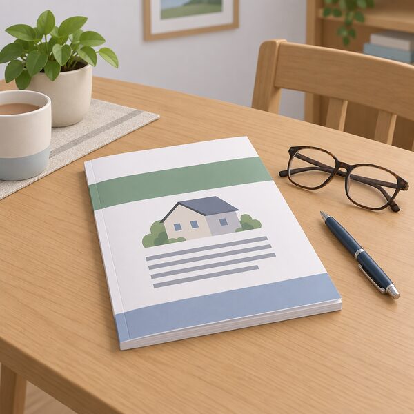 A printed guidance document about building regulations lying flat on a wooden table in a home, its cover and pages shown with plain colour bands and blank lines only, beside a pen and a pair of reading glasses.