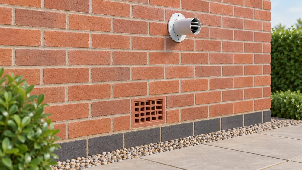 A close-up of a single air brick set in an external brick wall of a house, its grid of small holes completely open and clear, with a boiler flue terminal visible higher up on the same wall and nothing blocking either opening.