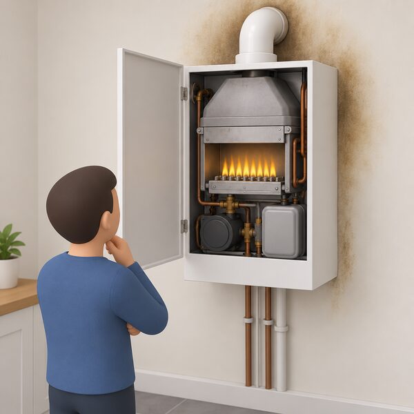 A wall-mounted indoor gas boiler with its front panel open, revealing a burner with a lazy yellow-orange flame instead of a crisp blue one, and yellow-brown soot staining on the wall around the appliance casing.