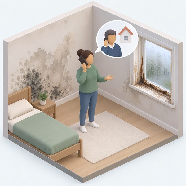 A simplified tenant figure stands in a rented room holding a phone to their ear, beside a wall with a large damp patch and mould and a window with a rotting frame, reporting the problem that has not gone away.