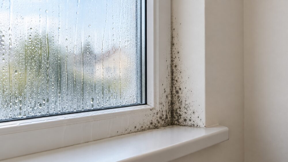 A close-up of a room's window in daylight: the glass covered in condensation droplets running down, and small black mould dots clustered on the cold window frame and reveal, with a plain wall corner beside it.