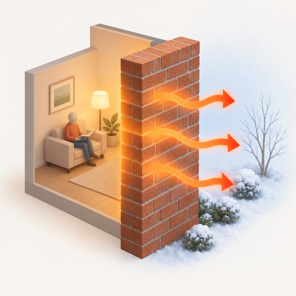A plain uninsulated solid brick external wall of a house shown in close-up, with soft warm-coloured heat glow passing outward through the brickwork from the warm interior side to the cold outside air, illustrating the wall surface through which around a third of a home's heat escapes.