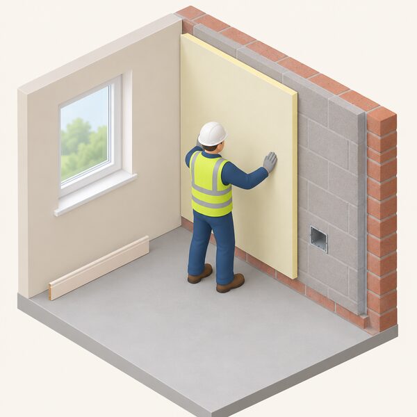 A simplified isometric installer fixing a large rigid insulation board flat against the inside face of a solid masonry wall inside a room, with a removed skirting board and a bare socket back box visible on the wall and the board held level against the wall face.