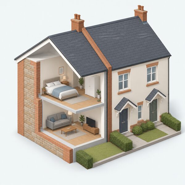 A simple cutaway view of a semi-detached house with solid walls, shown as one half of a shared pair, with a thick solid external wall built up in layers and no cavity, alongside a neighbouring half sharing the party wall.