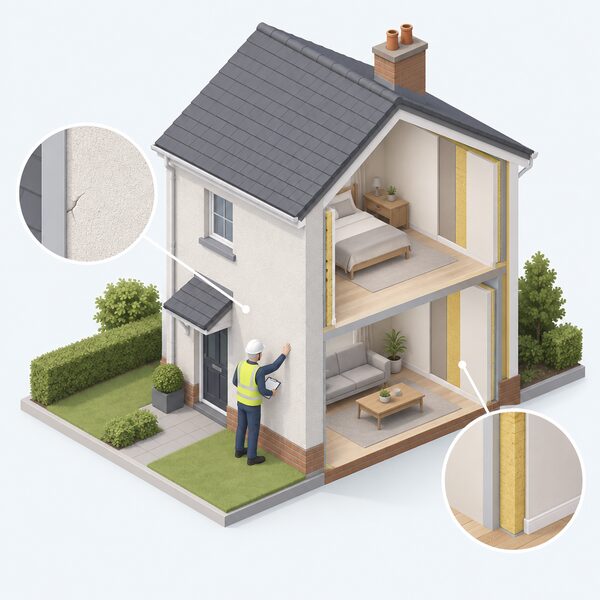 A qualified professional in plain work clothing inspects the outside of a house, examining the external solid wall insulation finish for faults, with a simplified isometric cutaway also showing internal wall insulation on an inside wall of the same home.