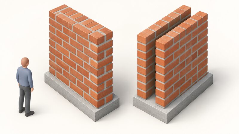 A cutaway cross section showing a solid brick wall of one full brick's thickness with header bricks tying it together, beside a cavity wall whose two leaves are separated by an open gap, both drawn as simple diagrams with no labels or measurements.