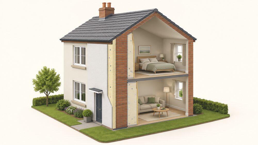 A cutaway of a small solid-brick house showing external wall insulation fixed to the outside face and covered with render, while inside one room a rigid insulation board is fixed to the inner face of the same solid brick wall.